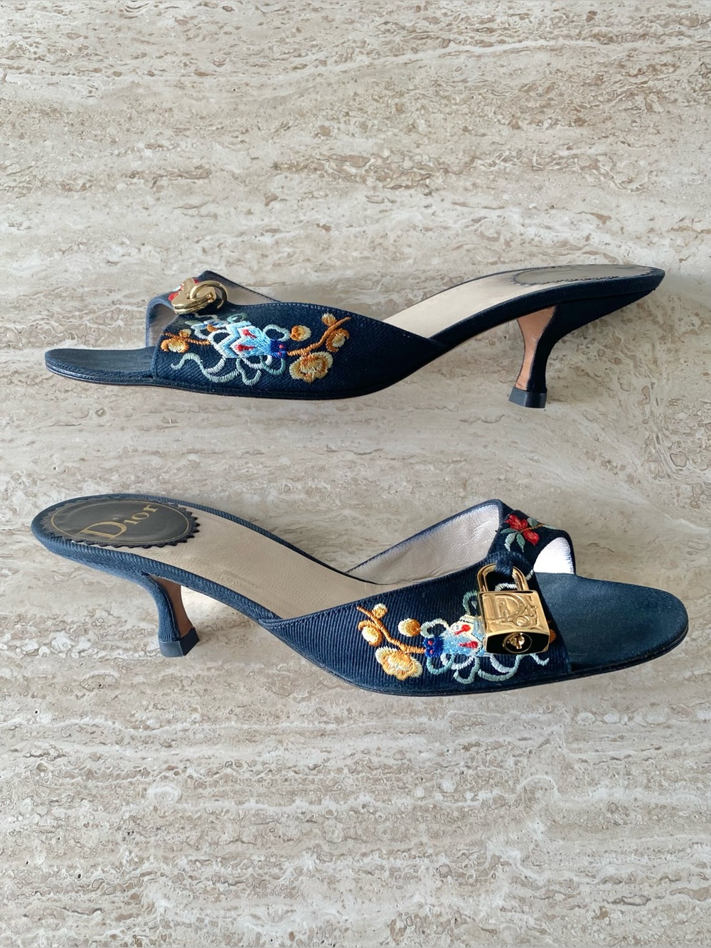 Vintage Dior Embroidered Key Lock Mule Kitten Heel Sandals - Picture 4 of 11